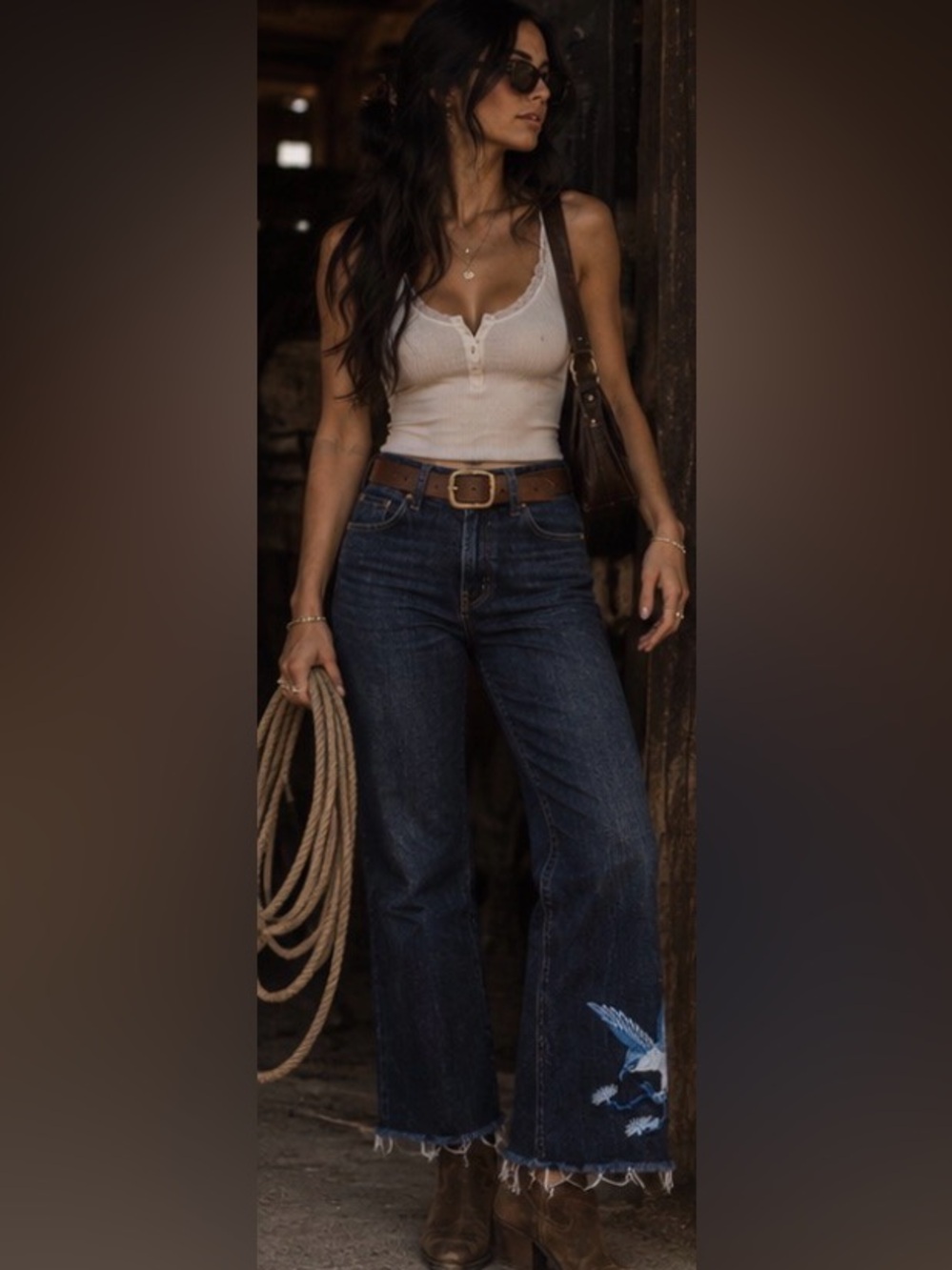 Polo Ralph Lauren Chrystie Kick Flare Crop Jeans Embroidered Eagle Bird Raw Hem